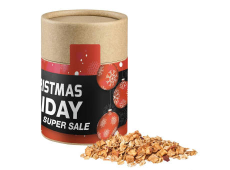 Crunchy Weihnachtsmüsli Apfel-Zimt, ca. 70g, Kraftpapierdose Midi Werbeartikel