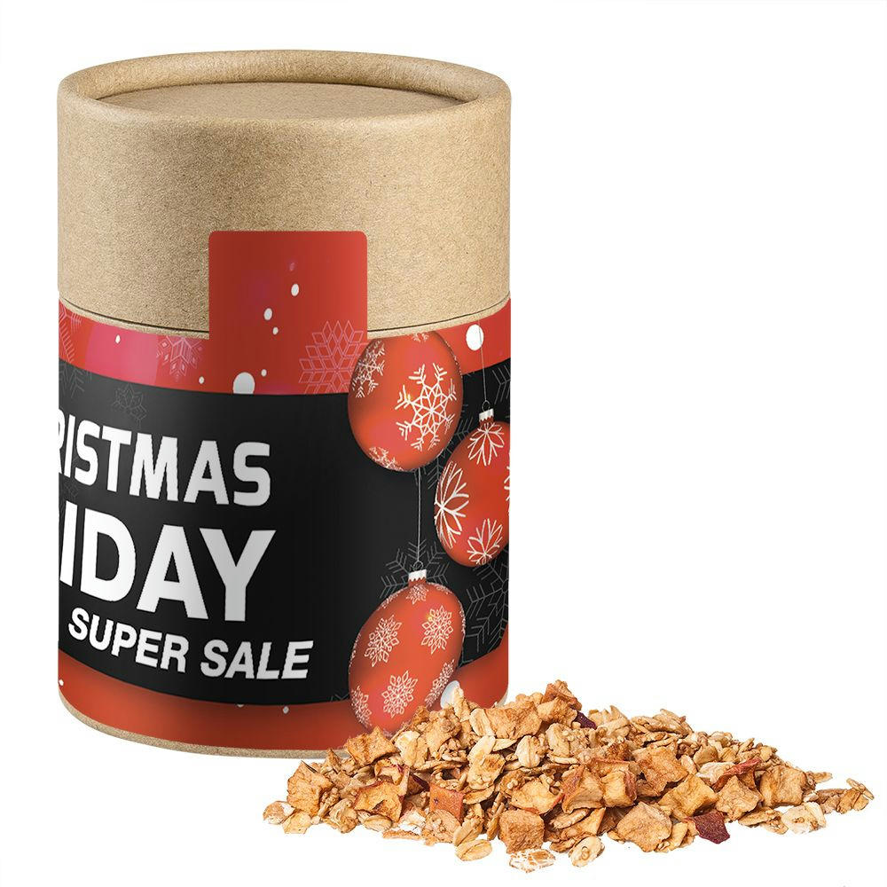 Product image Crunchy Weihnachtsmüsli Apfel-Zimt, ca. 70g, Kraftpapierdose Midi Werbeartikel