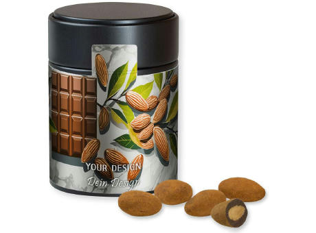 Product image Schokomandeln mit Zimt, ca. 100g, Metalldose Midi schwarz bedrucken