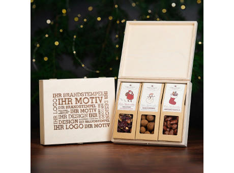 Product image Selektion von 3 Snacks in der Birkenholzbox Werbeartikel