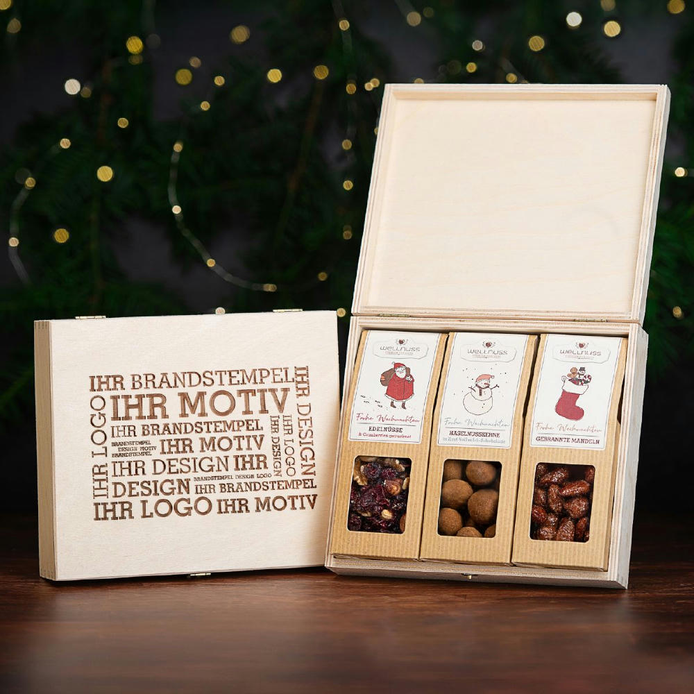 Product image Selektion von 3 Snacks in der Birkenholzbox Werbeartikel