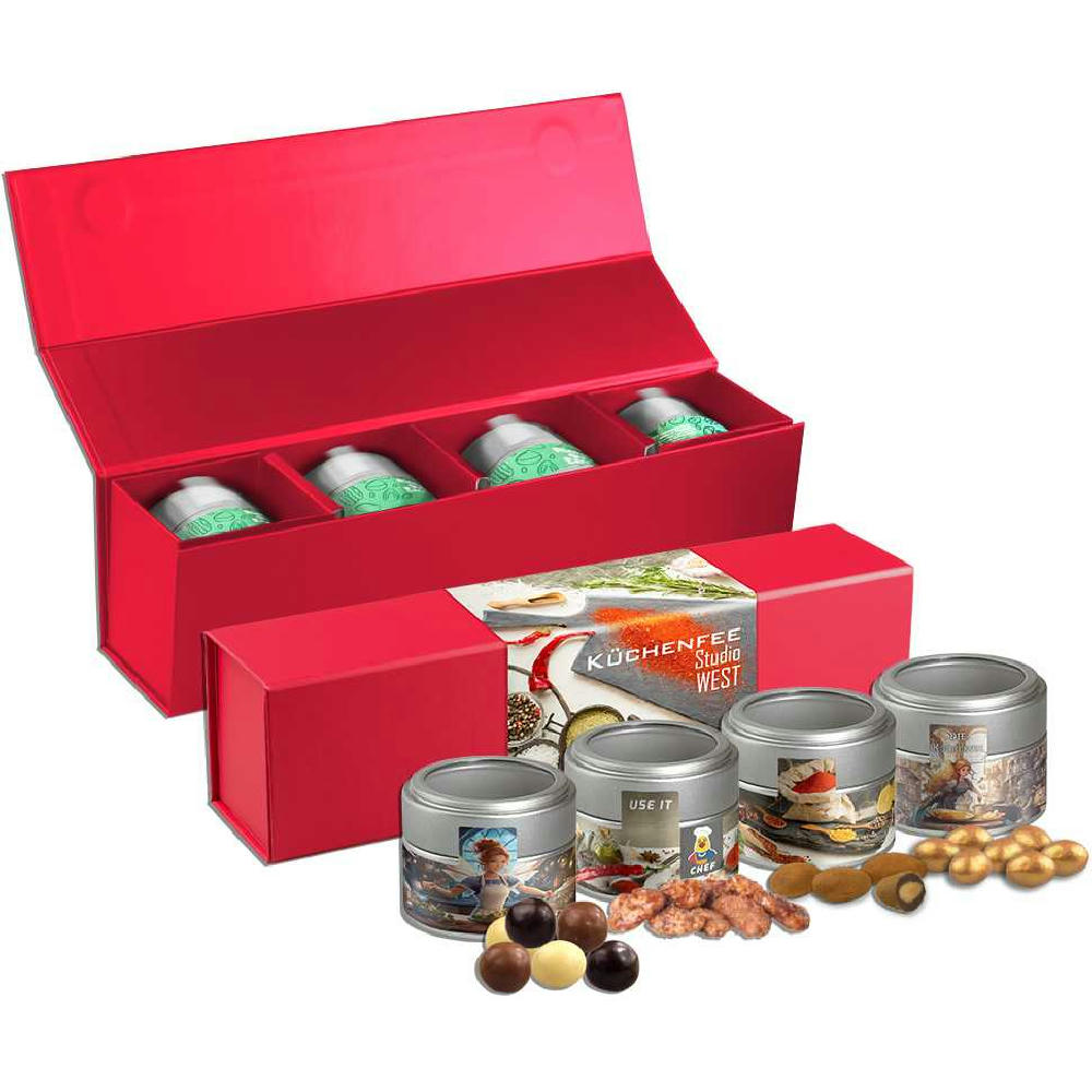 Product image Knusper Weihnachts-Geschenkset Premium, ca. 225g, Geschenk-Set Premium rot mit Magnetverschluss und 4 Metalldosen Mini mit Sichtfenster Werbeartikel