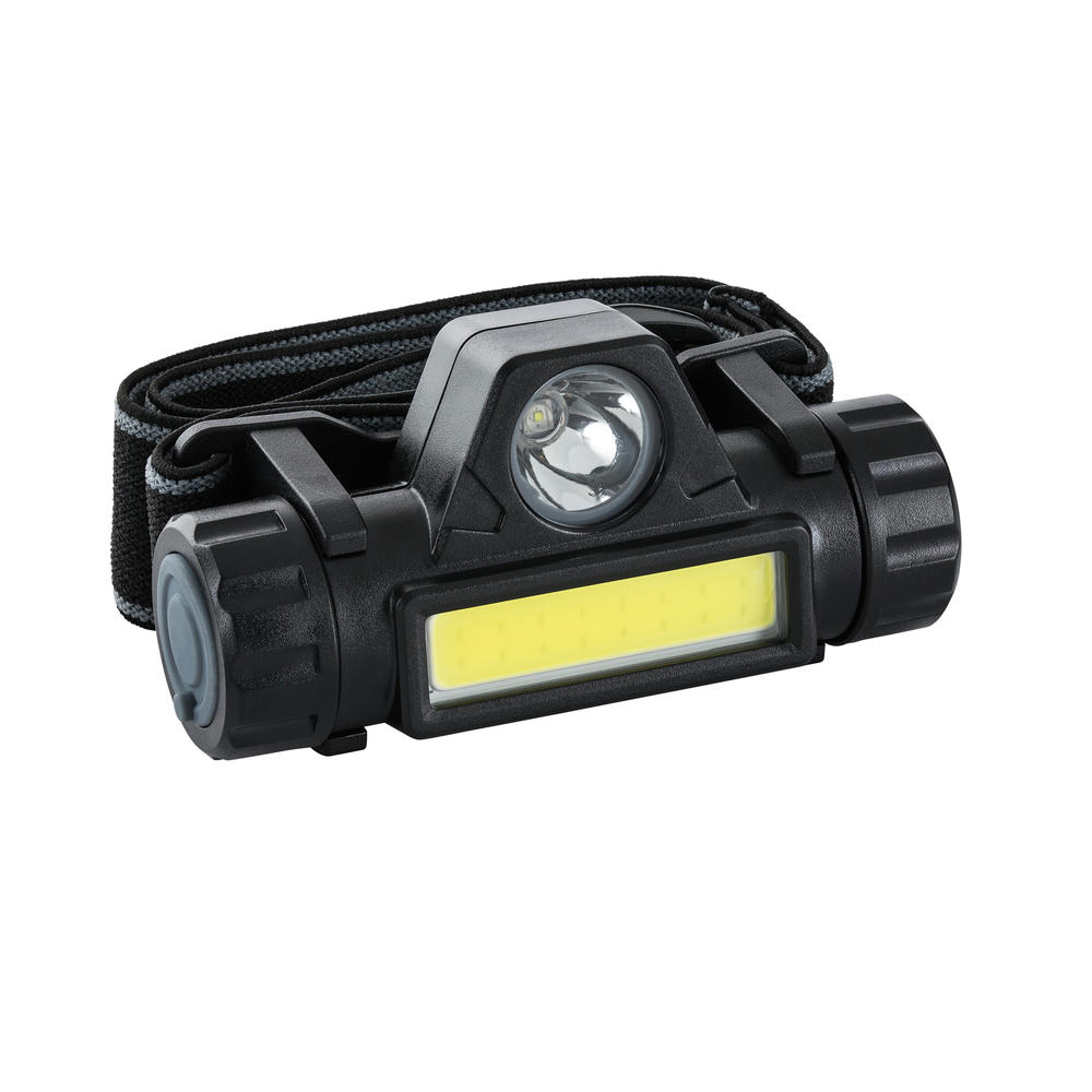 Product image Schwarze Kopflampe Yauco mit COB-Leiste und Spotlicht im Halter – Stirnlampe zum Bedrucken mit Logo