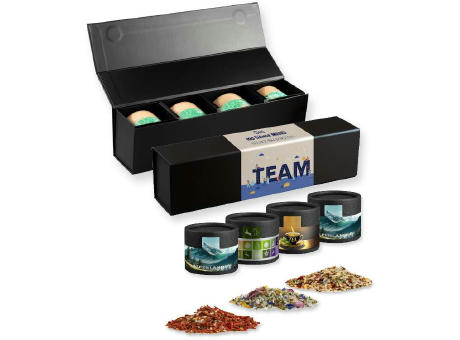 verschiedene Gewürzmischungen (Kategorie 3), ca. 100-300g, Geschenk-Set Premium schwarz mit Magnetverschluss und 4 Kraftpapierdosen Mini Werbeartikel