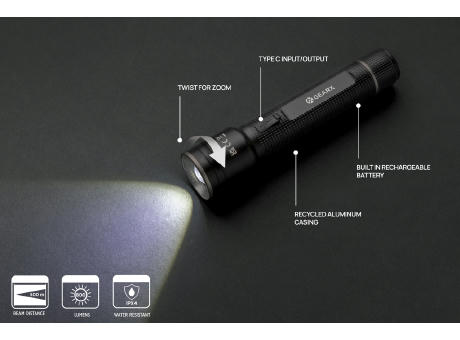 Große Gear X Taschenlampe aus RCS recycelt. Alu mit USB-Akku Werbeartikel