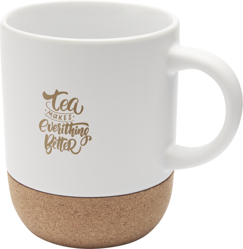 Billie 300 ml Keramiktasse mit Korkdetails Billie 300 ml Keramiktasse mit Korkdetails bedrucken – nachhaltige Werbetasse mit Logo für Unternehmen