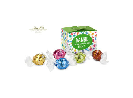 Product image Geschenkartikel / Präsentartikel: Lindt süßes Danke, Pralinenschachtel mit bunten Händen, 5 Lindorkugeln für Ihre Mitarbeiter bedrucken