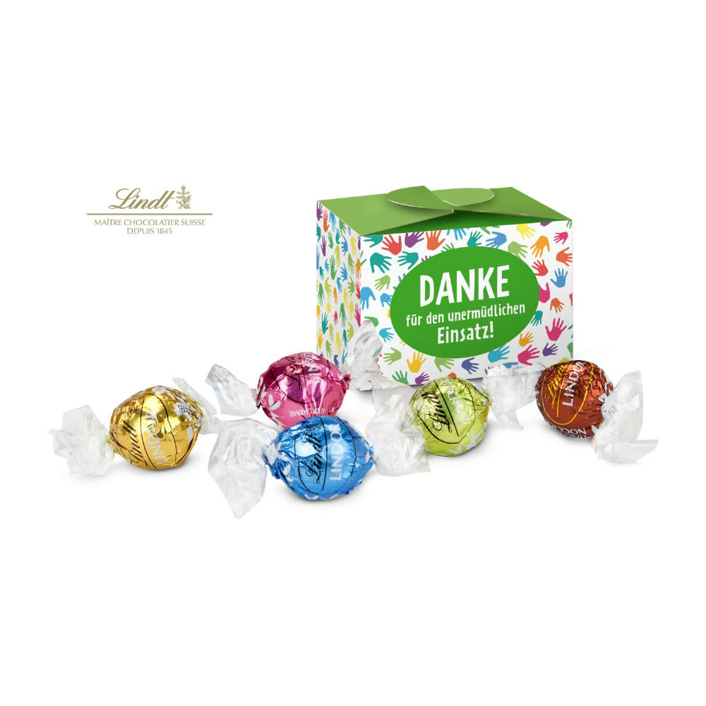 Product image Geschenkartikel / Präsentartikel: Lindt süßes Danke, Pralinenschachtel mit bunten Händen, 5 Lindorkugeln für Ihre Mitarbeiter Werbeartikel