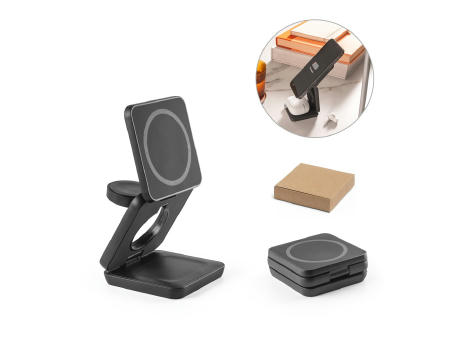 BROGLIE. Superschnelles 15W 3-in-1 magnetisches kabelloses Ladegerät aus Recyceltes ABS (100% rABS) Werbeartikel