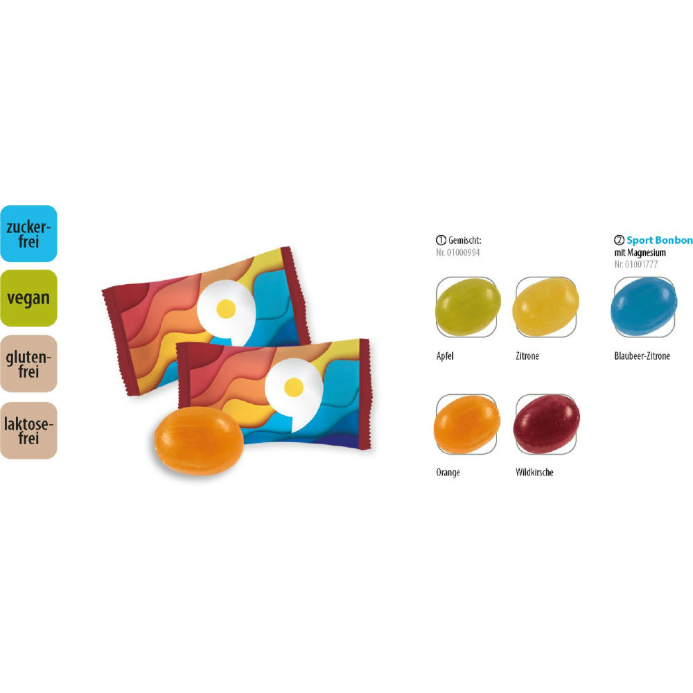 Bonbon zuckerfrei vegan Flowpack,   1 Stück, Inhalt: Sport Bonbon mit Magnesium Werbeartikel