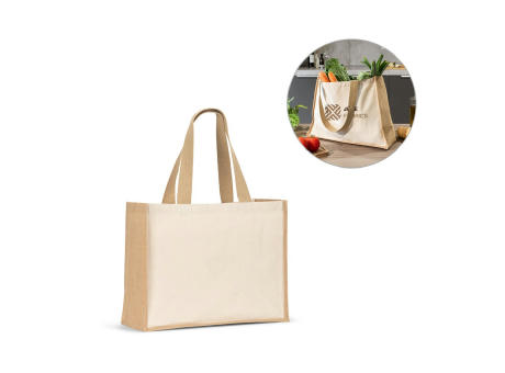 HELSINQUE. Tasche aus Canvas (320 g/m²), mit Boden und Seiten aus laminierter Jute (350 g/m²) in Naturtönen Werbeartikel