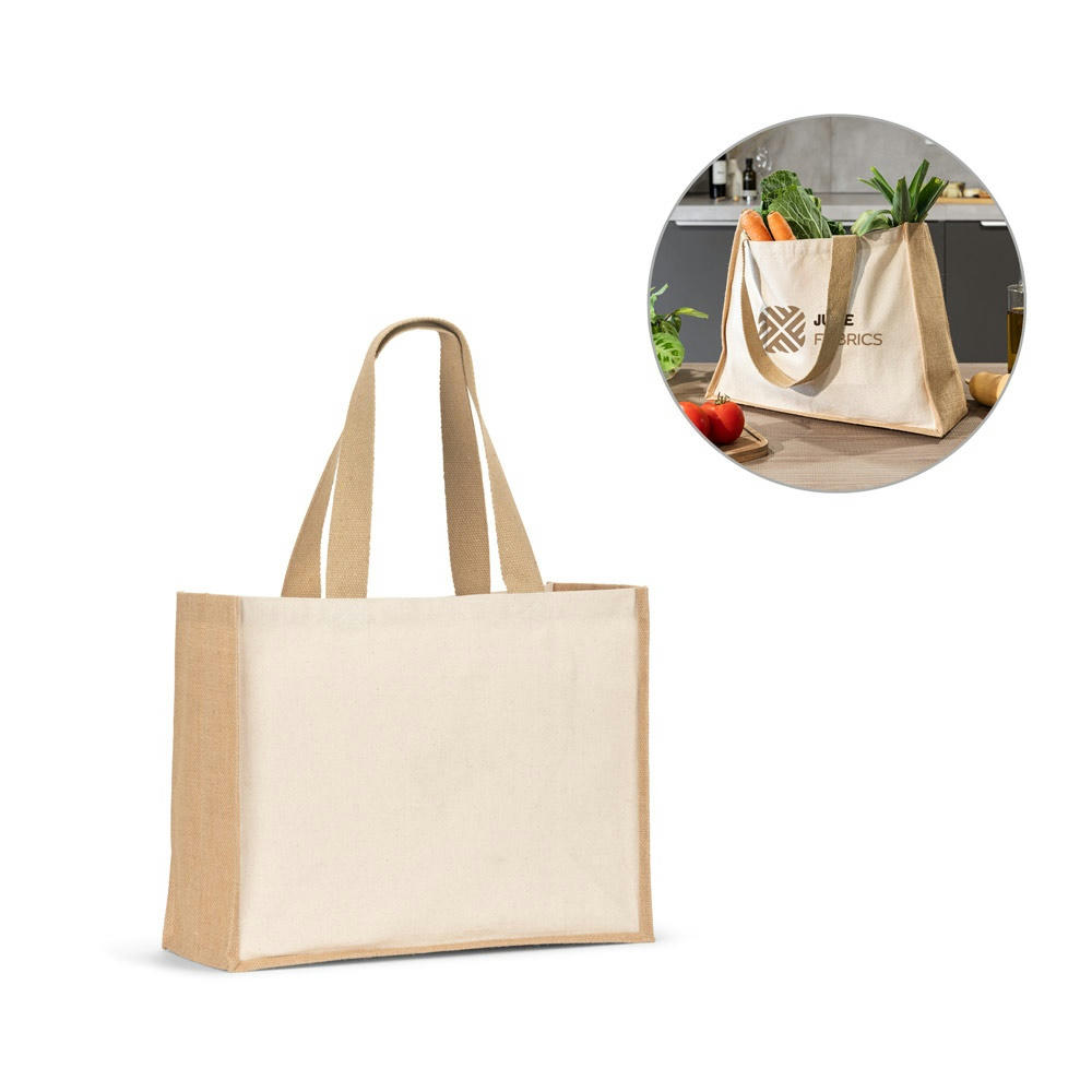 Product image HELSINQUE. Tasche aus Canvas (320 g/m²), mit Boden und Seiten aus laminierter Jute (350 g/m²) in Naturtönen Werbeartikel