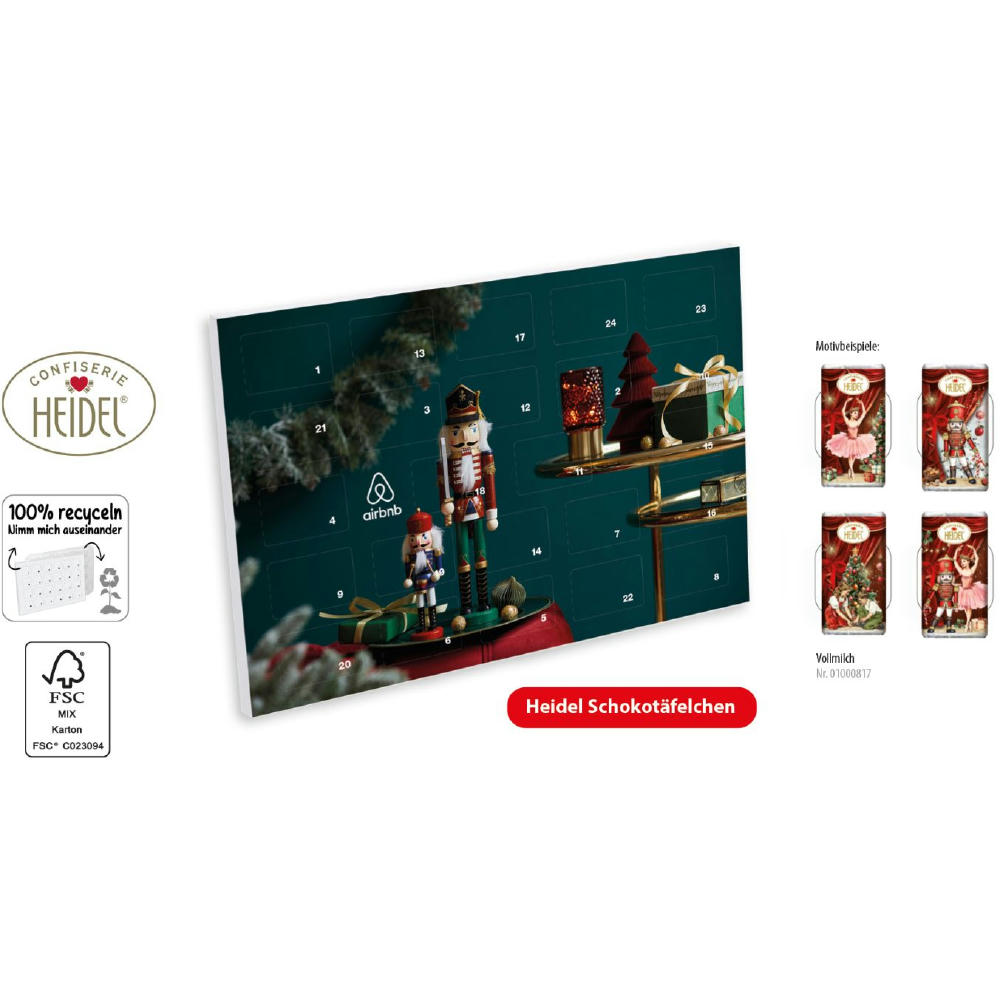 Product image Tisch-Adventskalender mit Logo bedruckt, gefüllt mit 72g Confiserie Heidel Schokotäfelchen Vollmilch