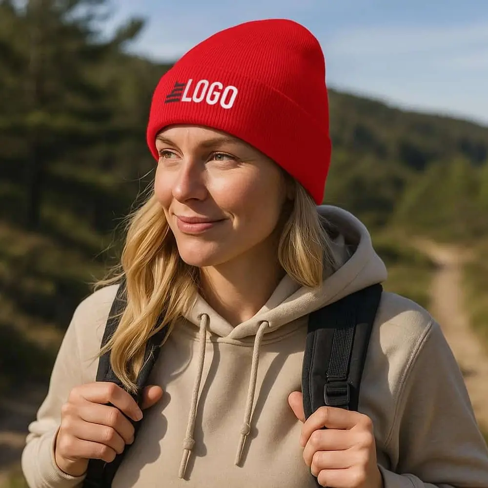 Irwin Mütze Frau trägt IRWIN Beanie in Rot mit Logo – moderner Werbeartikel für Winter, Promotion und stilvolle Firmenbekleidung