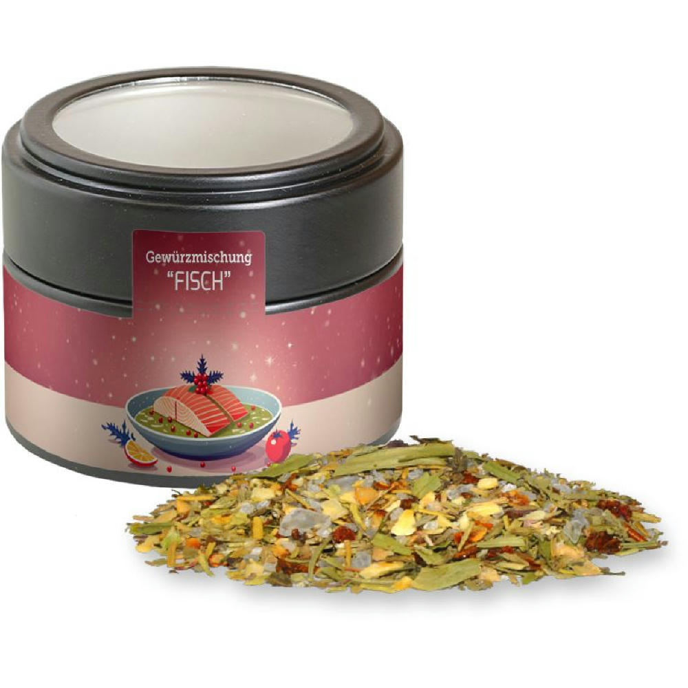 Weihnachts Gewürzmischung Fisch, ca. 55g, Metalldose Mini mit Sichtfenster schwarz Werbeartikel