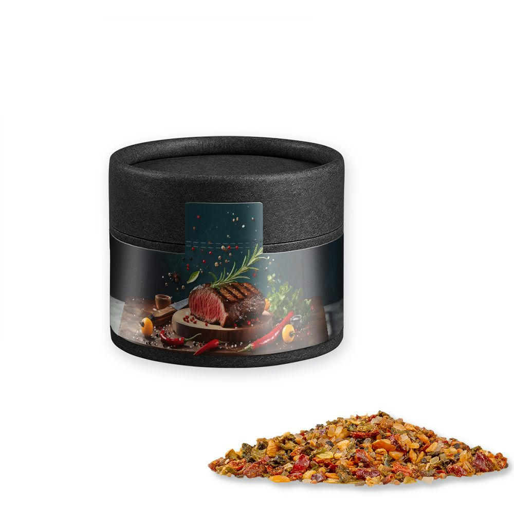 Gewürzmischung Steak Pfeffer, ca. 40g, Kraftpapierdose Mini schwarz Werbeartikel