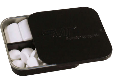 Twin Tin geprägt, weiß individuell, Inhalt: Bunte Fruchtdragees gemischt (Dose) Werbeartikel