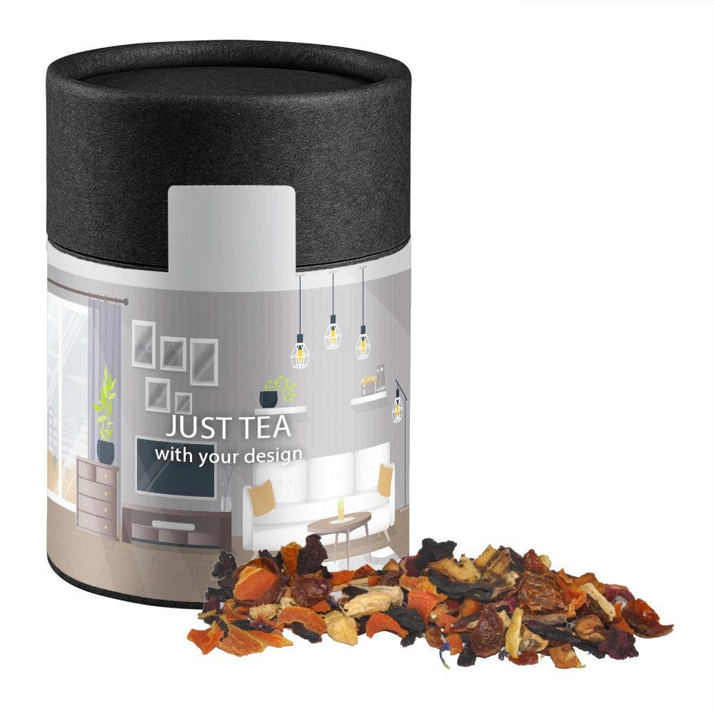 Product image Kaminfeuer Tee, ca. 60g, Kraftpapierdose Midi schwarz Werbeartikel