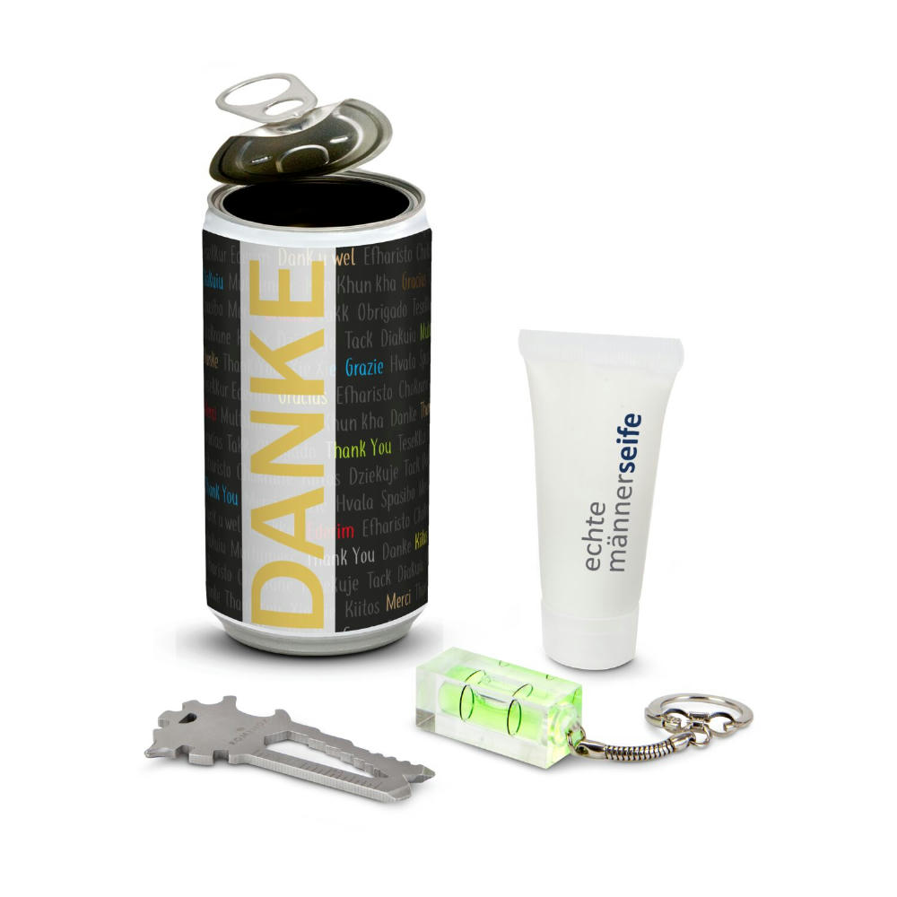 Product image Geschenkset / Präsenteset: Männer-Geheimnis in der Dose - Etikett Danke Werbeartikel