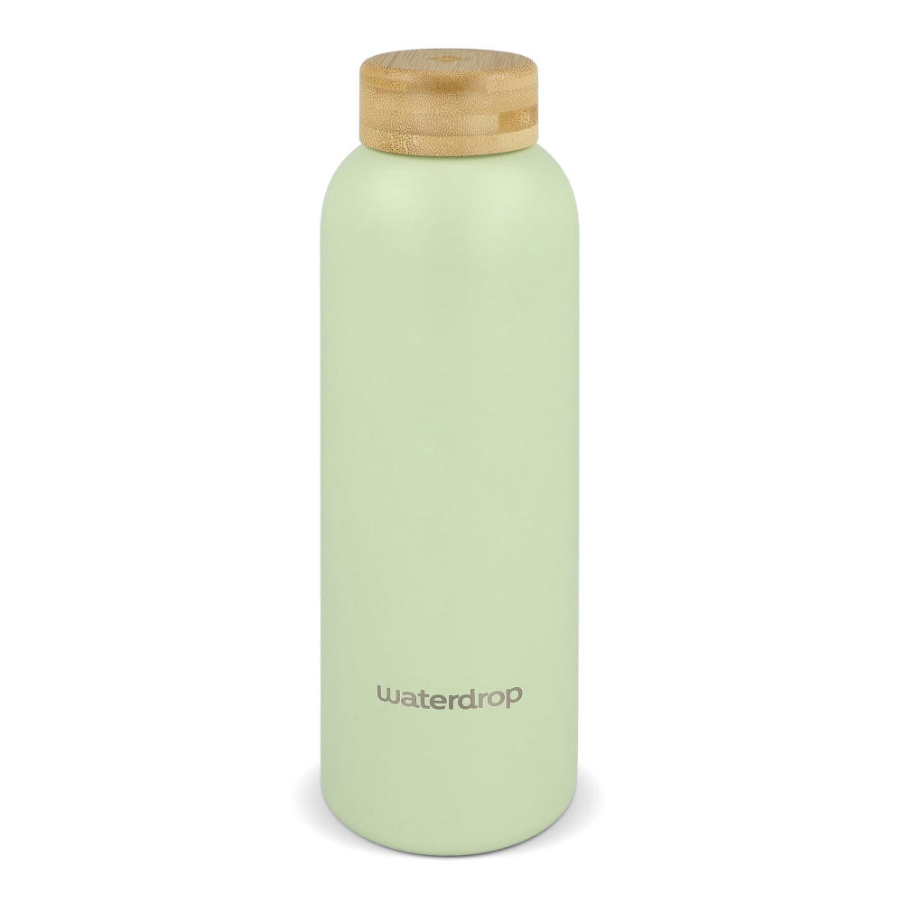 Waterdrop Edelstahlflasche mit Bambusdeckel 600 ml Werbeartikel