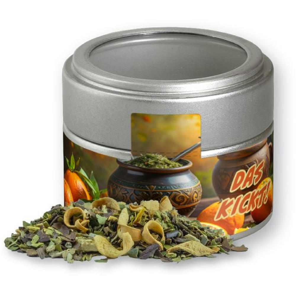 Product image Matetee Orange, ca. 19g, Metalldose Mini mit Sichtfenster silber Werbeartikel