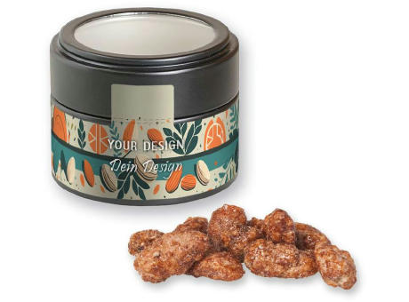 Product image Feuergebrannte Mandeln, ca. 60g, Metalldose Mini mit Sichtfenster schwarz bedrucken