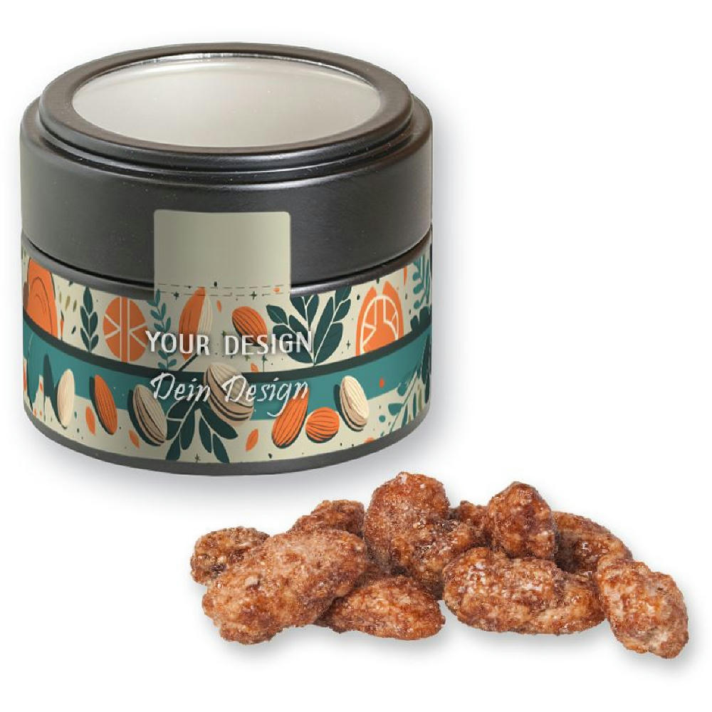 Product image Feuergebrannte Mandeln, ca. 60g, Metalldose Mini mit Sichtfenster schwarz Werbeartikel