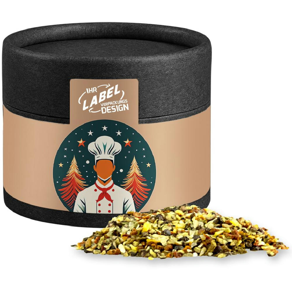 Weihnachts Gewürzmischung Chefsache, ca. 30g, Kraftpapierdose Mini schwarz Werbeartikel