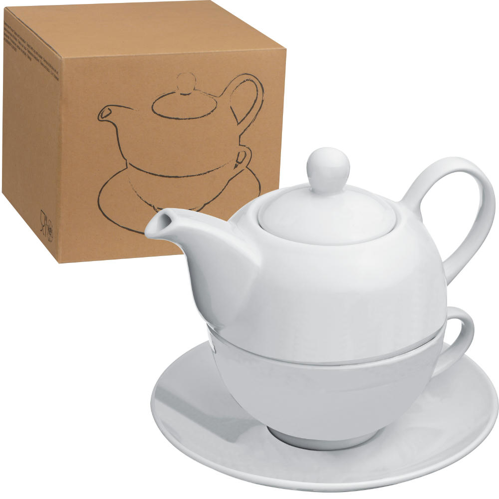Product image Teekanne mit Tasse und Untersetzer aus Porzellan Werbeartikel