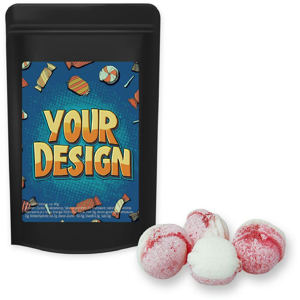 Product image Erdbeer-Joghurt Bonbons, ca. 80g, Standbeutel Midi schwarz Werbeartikel