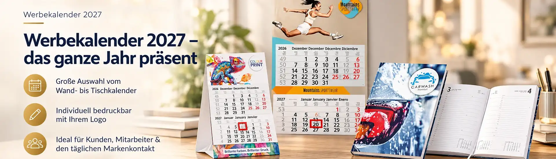 Werbekalender 2027 bedrucken mit Logo – Wandkalender, Tischkalender und Buchkalender für Unternehmen
