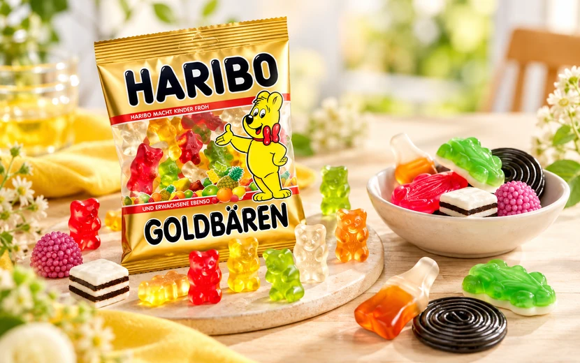 HARIBO Goldbären und verschiedene Fruchtgummis in einer farbenfrohen Inszenierung als süße Werbeartikel.