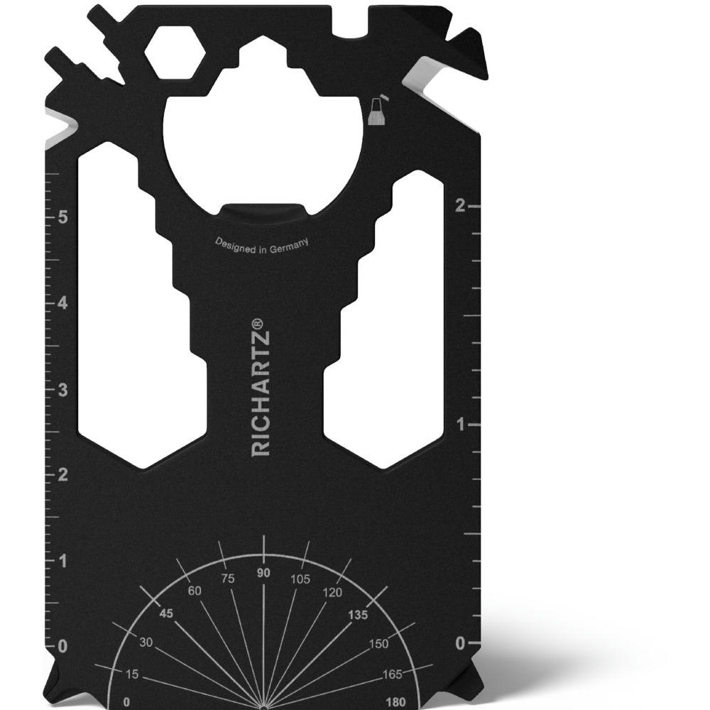 RICHARTZ POCKET CARD black 28+: schwarzes Multitool im Kreditkartenformat mit Winkelmesser und Lineal – Werbeartikel mit Logo