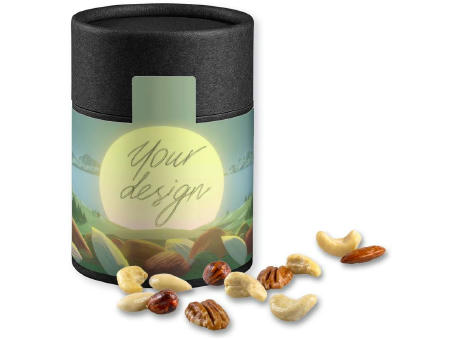 Product image NusskernMix, ca. 80g, Kraftpapierdose Midi schwarz Werbeartikel