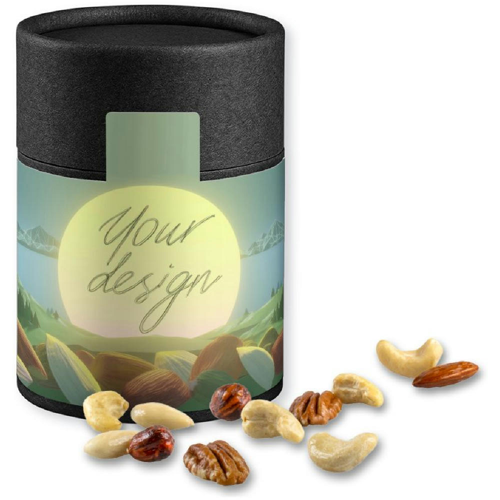 Product image NusskernMix, ca. 80g, Kraftpapierdose Midi schwarz Werbeartikel