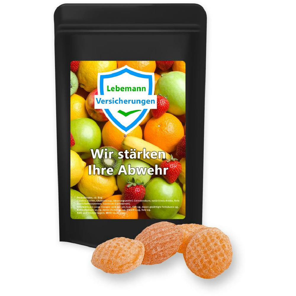 Multivitamin Bonbons, ca. 80g, Standbeutel Midi schwarz Werbeartikel