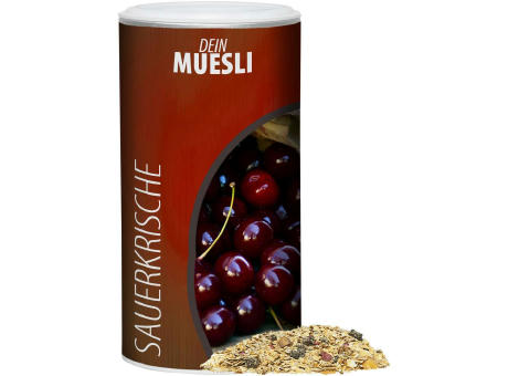 Müsli Sauerkirsche, ca. 150g, Pappdose Medium Werbeartikel