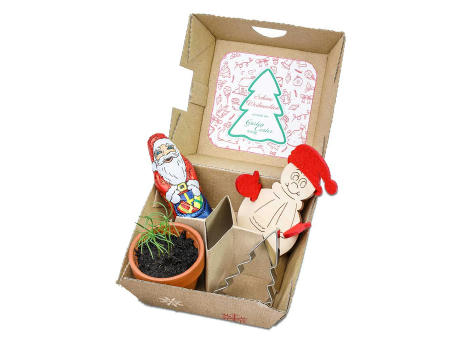 Product image Geschenk-Set Xmas - V4 Tontöpfchen, Schoko-Nikolaus, Backförmchen Tannenbaum und Steckfigur Schneemann aus Holz-Filz Werbeartikel