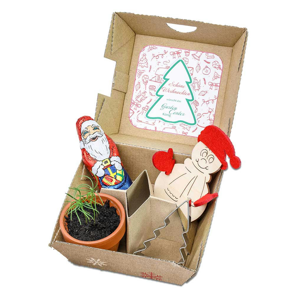 Product image Geschenk-Set Xmas - V4 Tontöpfchen, Schoko-Nikolaus, Backförmchen Tannenbaum und Steckfigur Schneemann aus Holz-Filz Werbeartikel