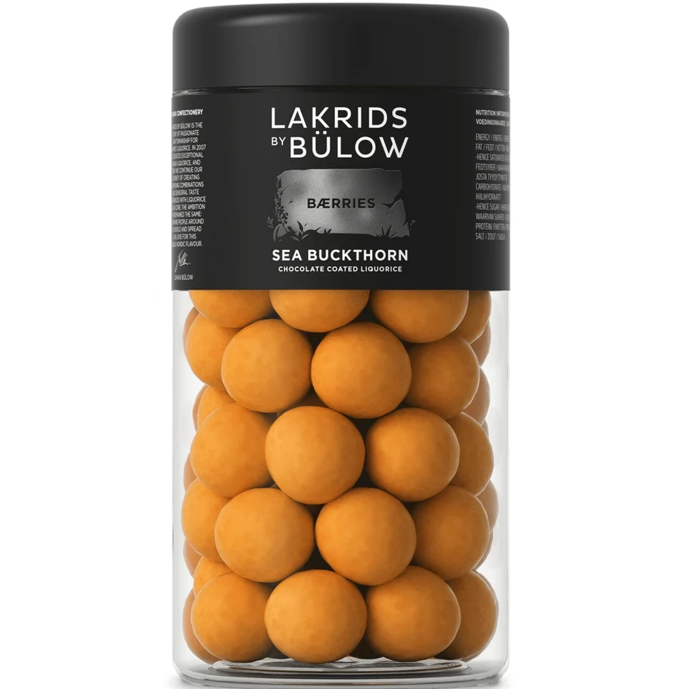 Lakrids by Bülow Sea Buckthorn Regular-Dose 270 g mit orangen Kugeln – Schokolade mit Lakritz