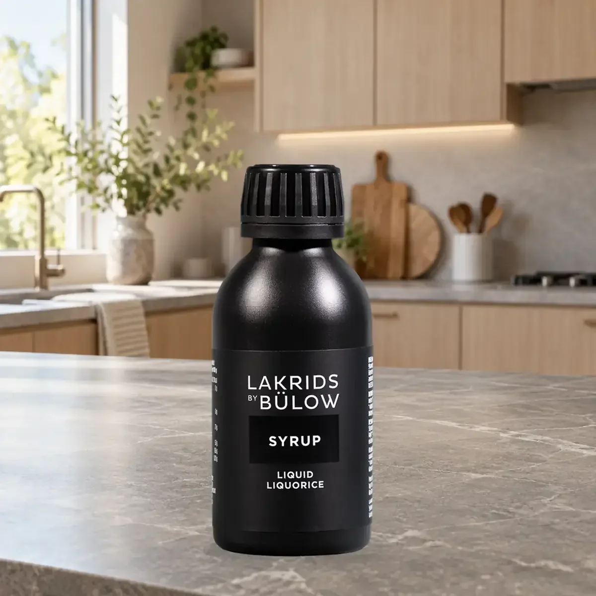 LAKRIDS BY BÜLOW Liquorice Syrup als schwarzes Lakritzsirup-Fläschchen auf einer modernen Küchenarbeitsfläche für hochwertige Werbegeschenke.