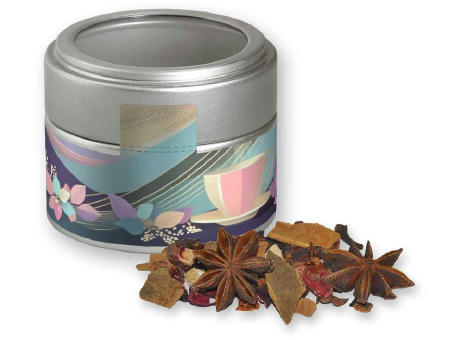 Product image Glühweingewürz grob, ca. 30g, Metalldose Mini mit Sichtfenster silber Werbeartikel