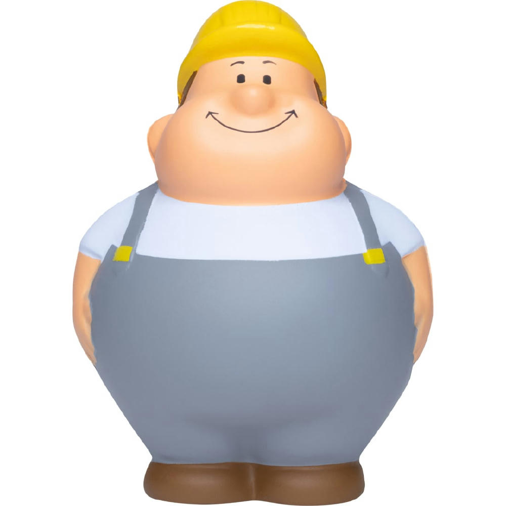 Bauarbeiter Bert mit gelbem Schutzhelm und grauer Latzhose – Anti-Stress-Figur zum Bedrucken für Bau und Handwerk