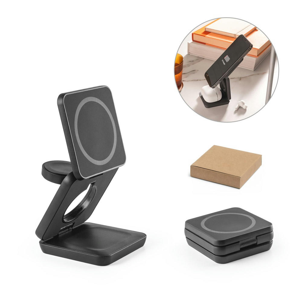 BROGLIE. Superschnelles 15W 3-in-1 magnetisches kabelloses Ladegerät aus Recyceltes ABS (100% rABS) Werbeartikel