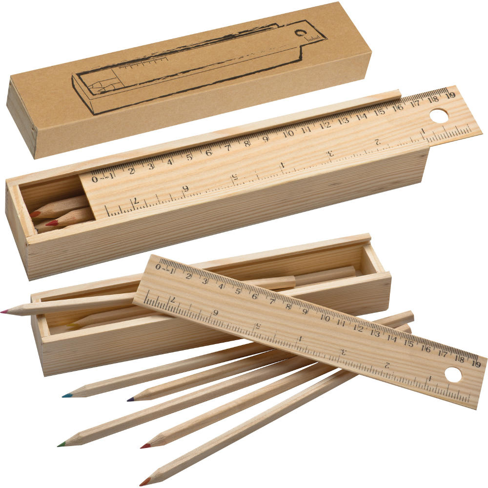 Product image Holzbox mit 8 Buntstiften und Lineal Werbeartikel