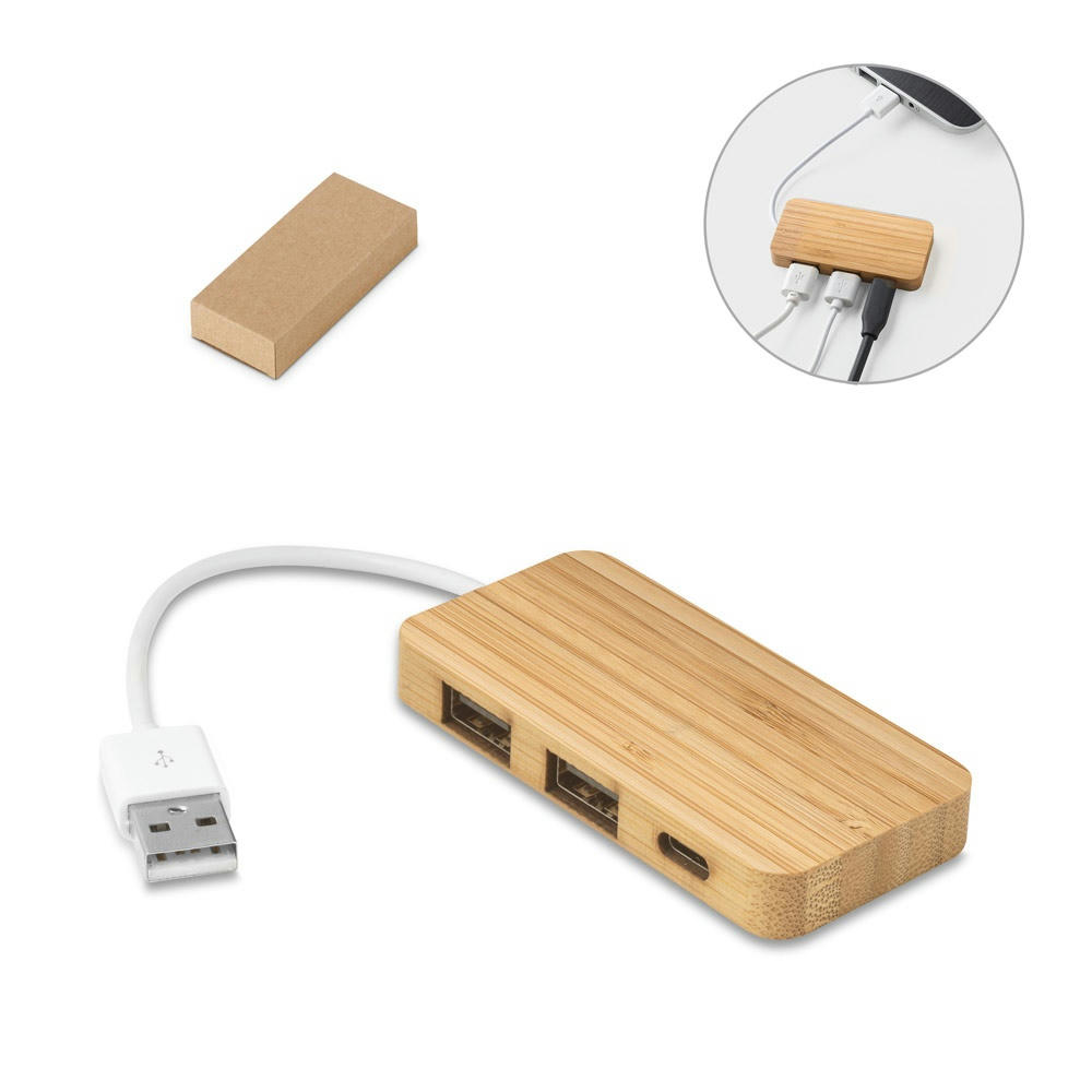 Product image MOSER. HUB mit 2 USB-A und 1 USB-C Anschluss aus Bambus Werbeartikel