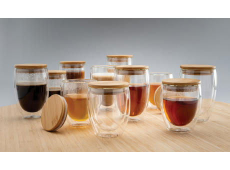 2-tlg Set Borosilikatgläser mit Bambusdeckel 250ml bedrucken