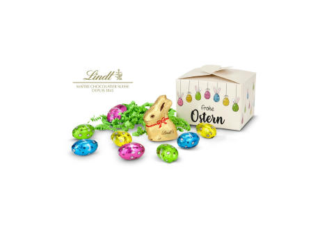 Geschenkartikel / Präsentartikel: Buntes Lindt Osternest - Lindt-Osterhase mit 8 Eiern, auch in individueller Pralinenschachtel bedrucken