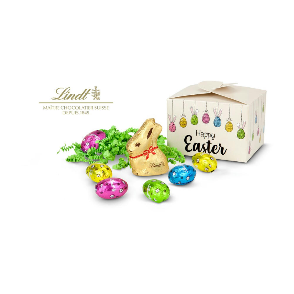 Product image Geschenkartikel / Präsentartikel: Buntes Lindt Osternest - Lindt-Osterhase mit 8 Eiern, auch in individueller Pralinenschachtel Werbeartikel