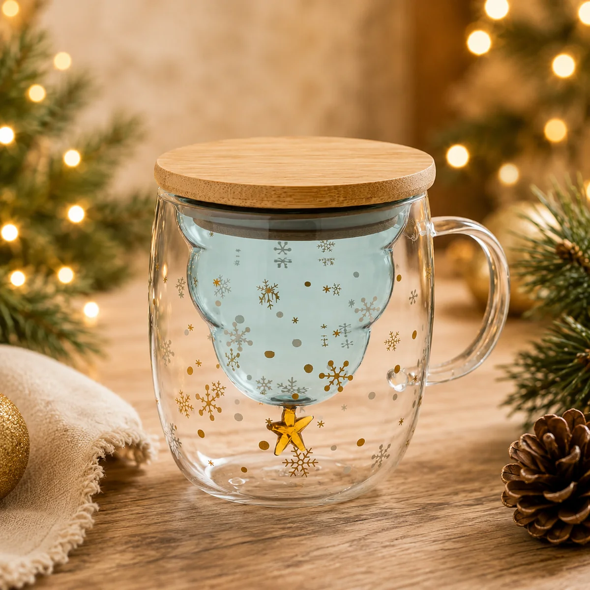 Doppelwandiger Glasbecher mit Weihnachtsbaum, Schneeflocken und Bambusdeckel als Werbegeschenk